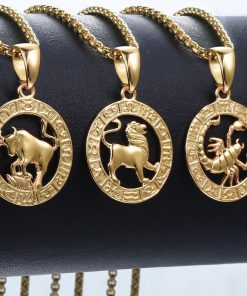 Men's Women's 12 Horoscope Zodiac Sign Gold Pendant Necklace